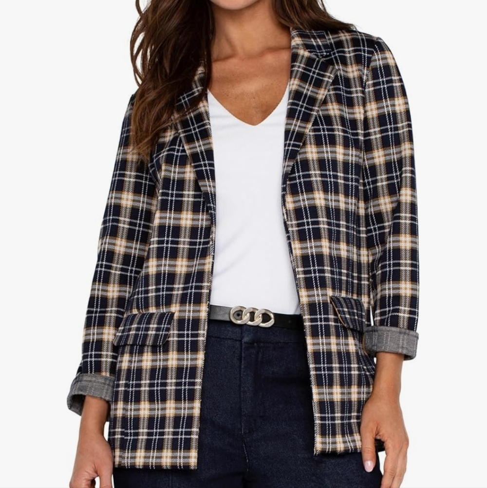 Liverpool Los Angeles Boyfriend Blazer Tartan Plaid Knit L Like New - Picture 4 of 8